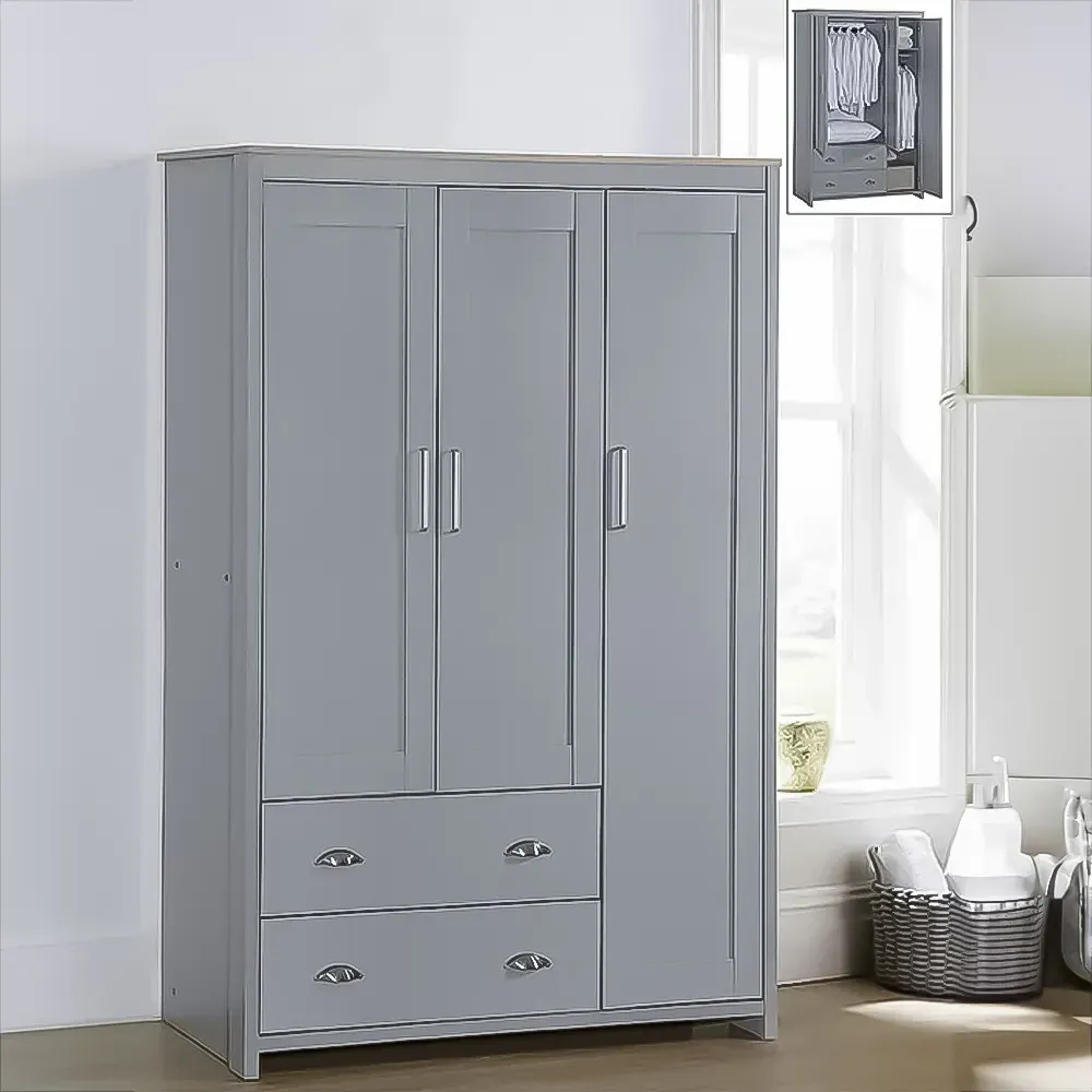 Brooklyn 3-Door Wardrobe with Drawers - Grey, Oak