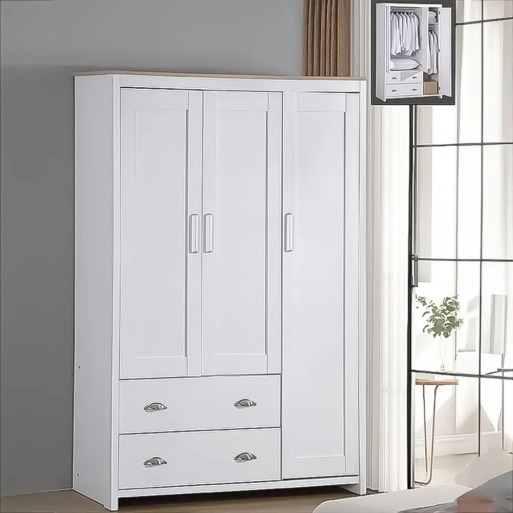 Brooklyn 3-Door Wardrobe with Drawers - White, Oak