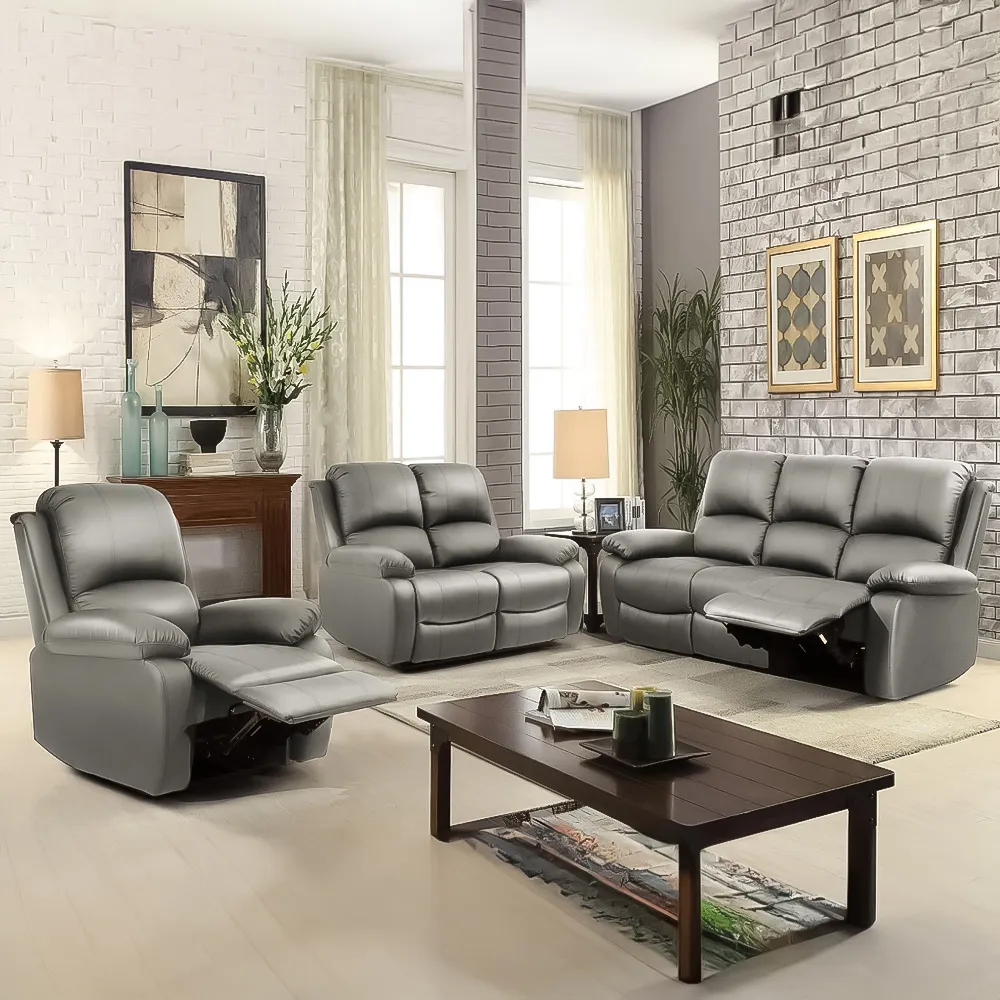 Brooklyn 6-Seater Recliner Sofa Set - Light Grey, Bonded Leather