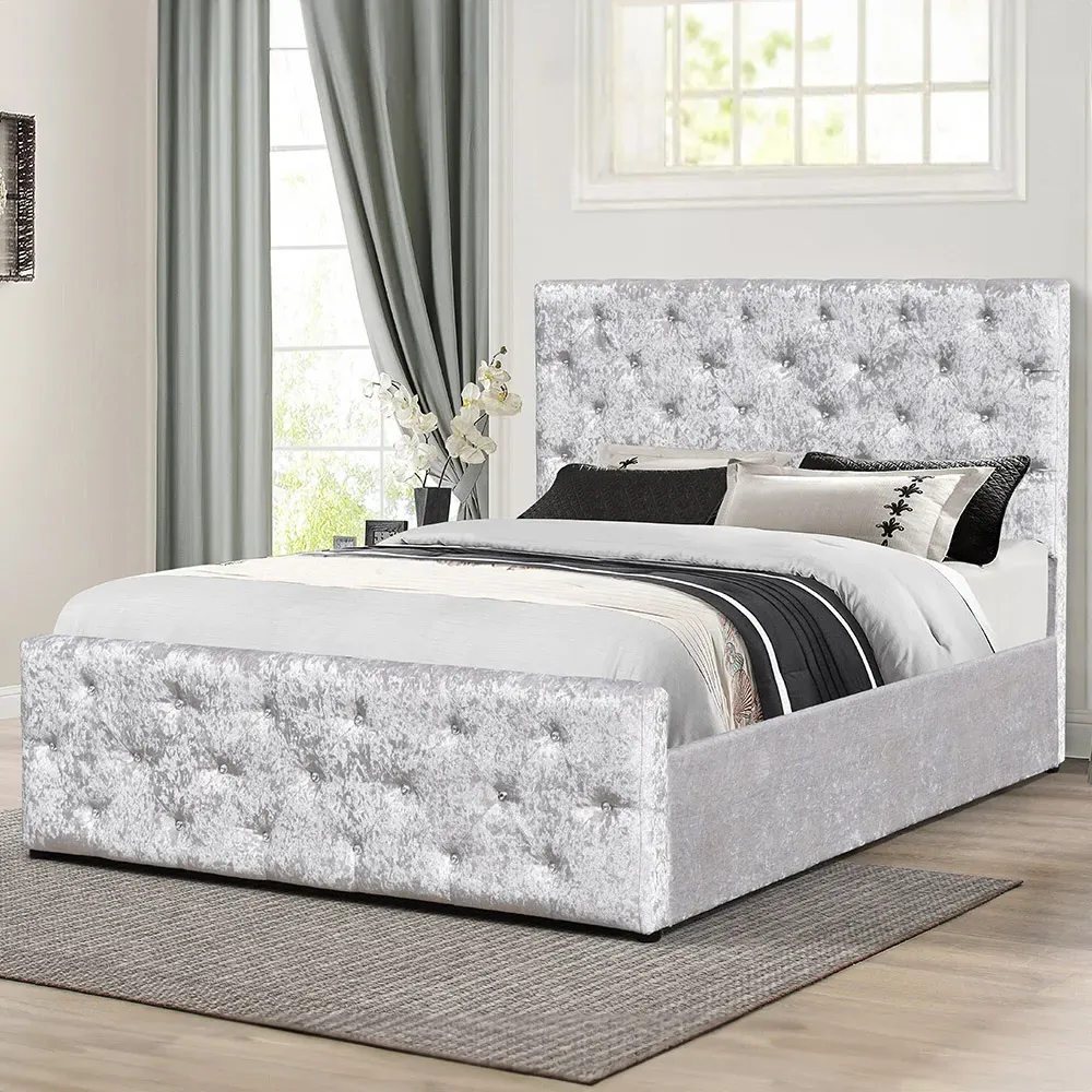 Brooklyn Chesterfield Double Ottoman Bed with Storage - Silver, Velvet