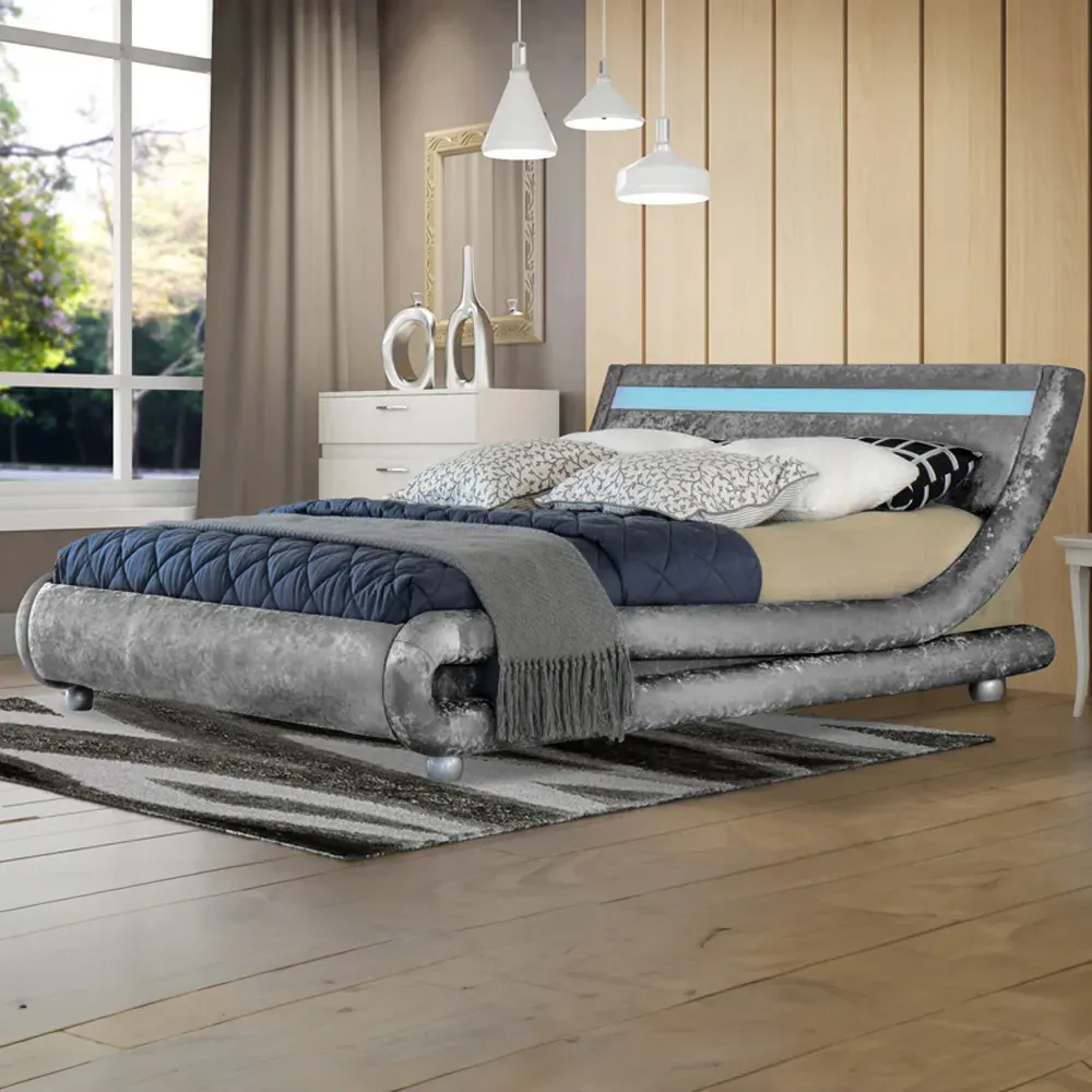 Brooklyn Curved King Size Bed Frame with LED - Silver, Velvet image