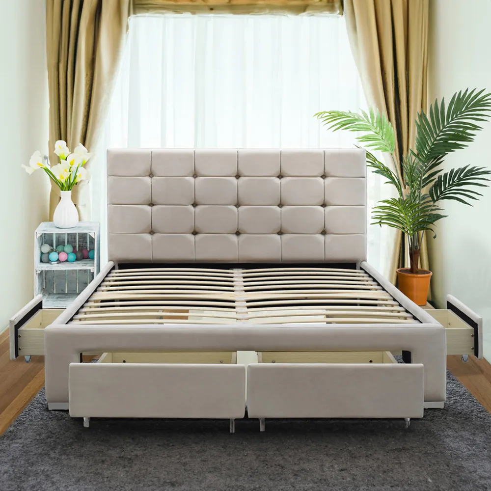 Brooklyn Double Bed Frame with 4 Drawers - Cream, Velvet