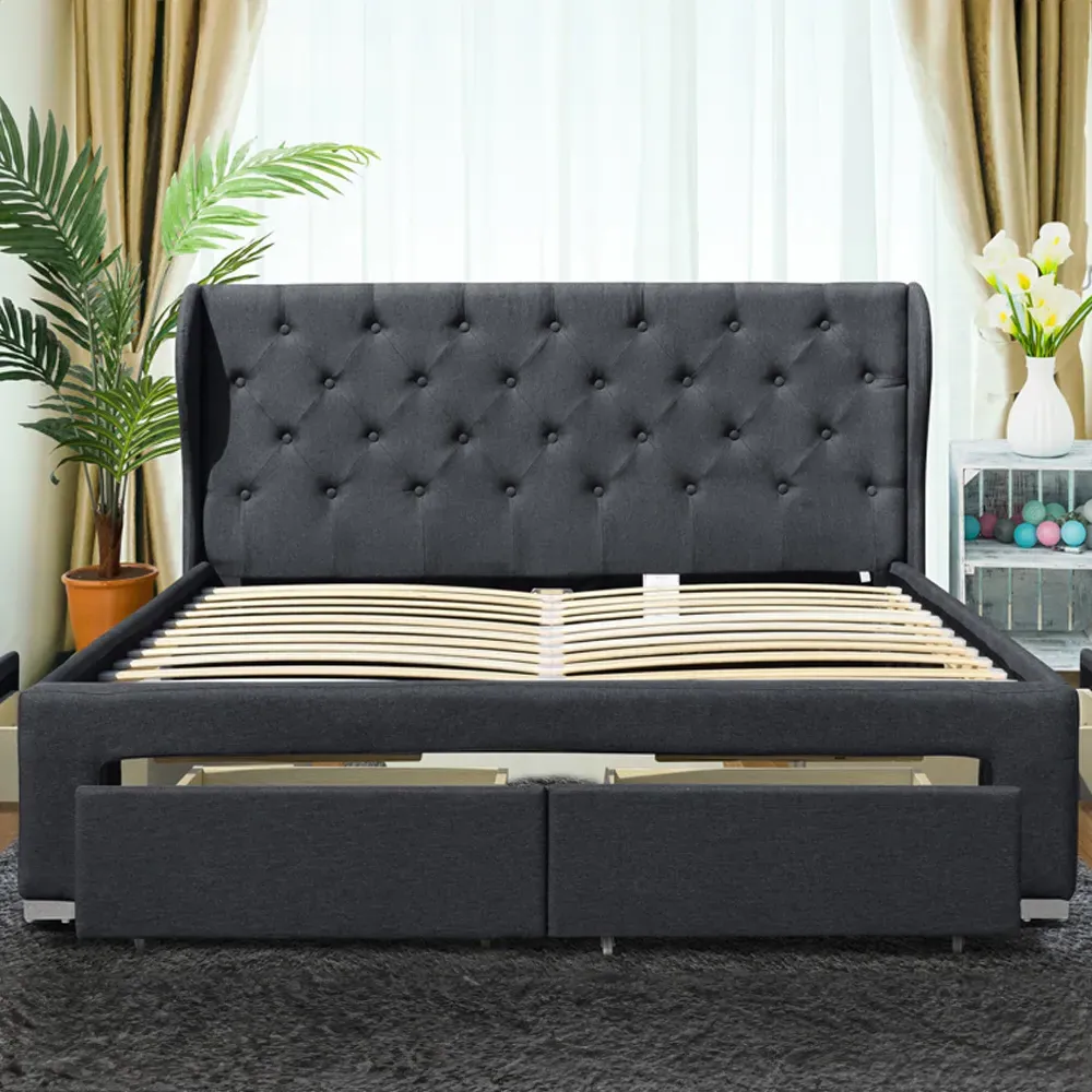 Brooklyn Double Bed Frame with 4 Drawers - Grey, Linen