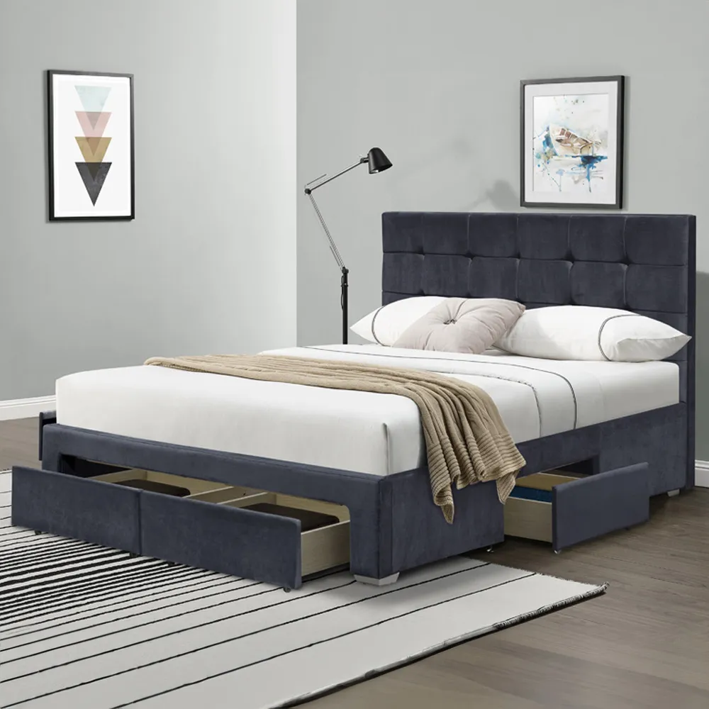 Brooklyn Double Bed Frame with 4 Drawers - Grey, Velvet