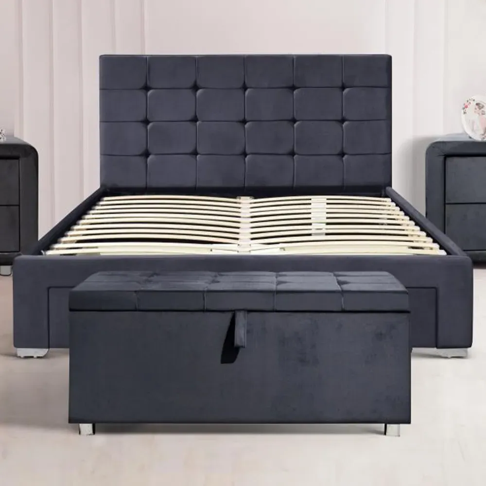 Brooklyn Double Bed Frame with 4 Drawers - Grey, Velvet