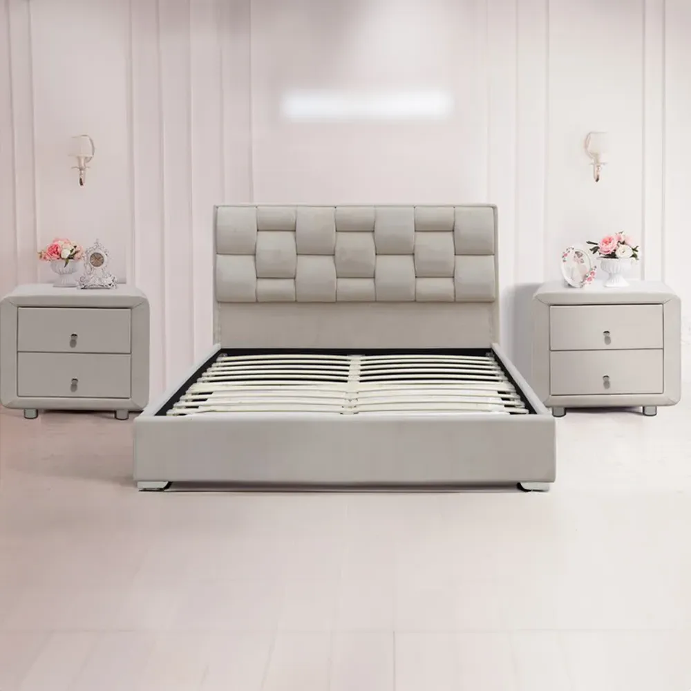Brooklyn Double Bed Frame with Bedside Tables - Cream, Velvet image