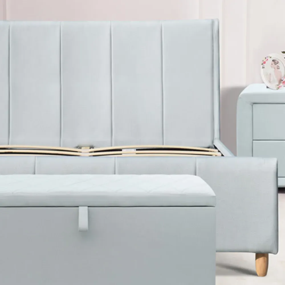 Brooklyn Double Bed Frame with Blanket Box - Blue, Linen