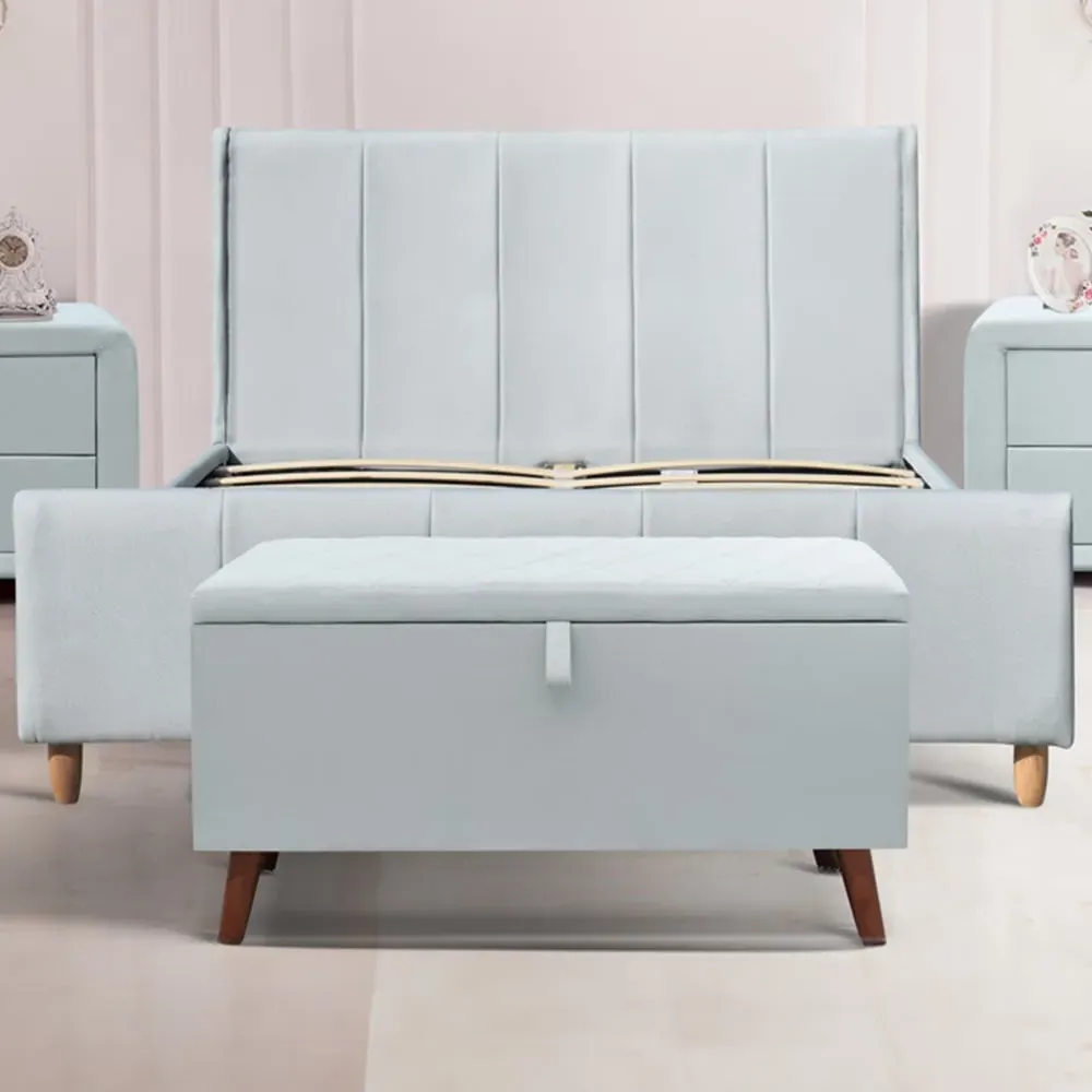 Brooklyn Double Bed Frame with Blanket Box - Blue, Linen