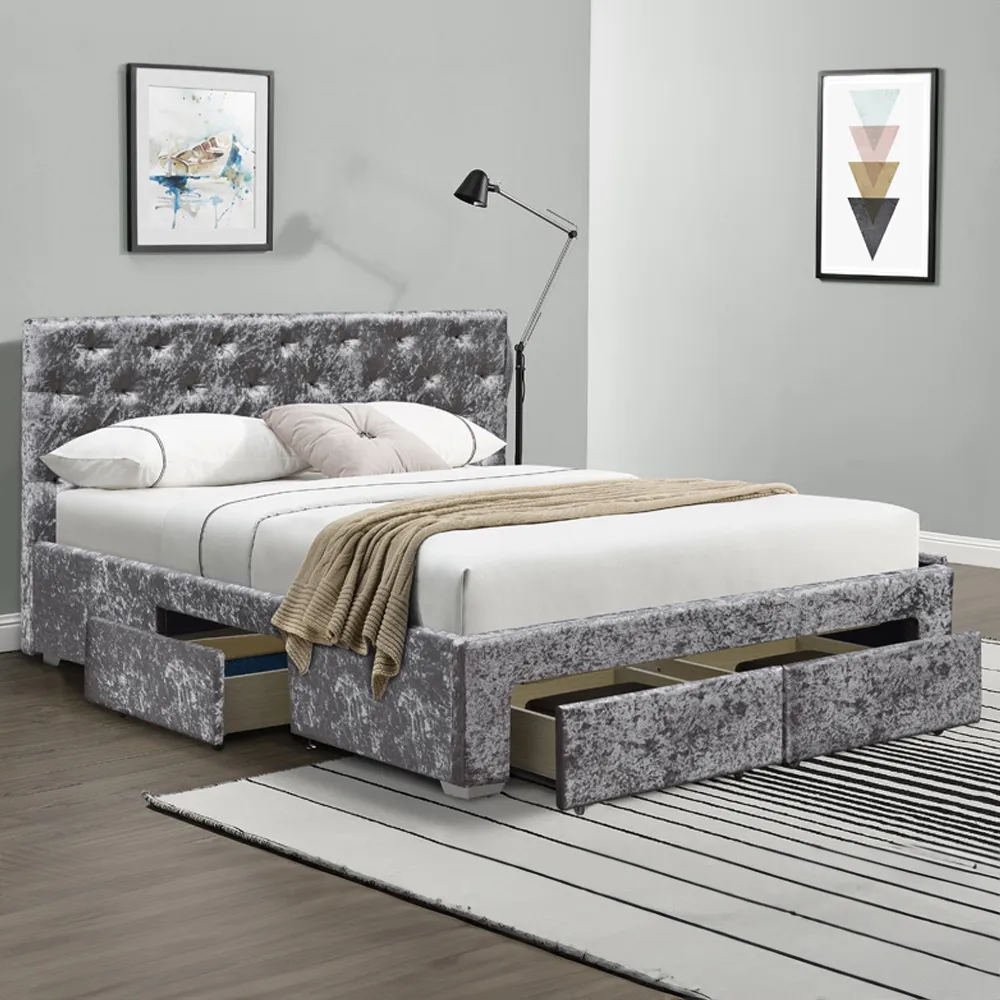 Brooklyn Double Bed Frame with Blanket Box - Silver, Velvet