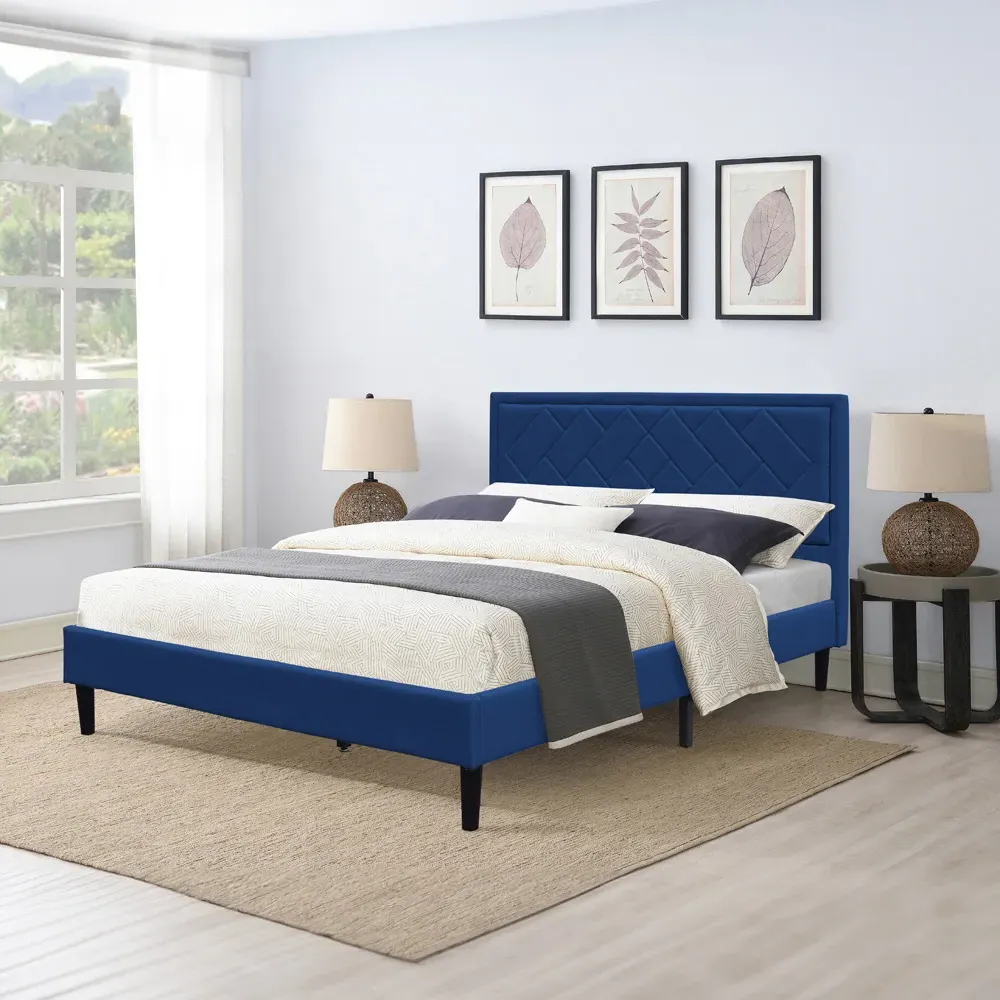 Brooklyn Double Bed Frame with Padded Headboard - Blue