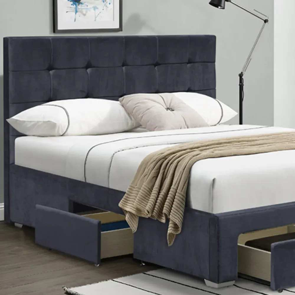 Brooklyn Double Bed Frame with Storage - Grey, Velvet