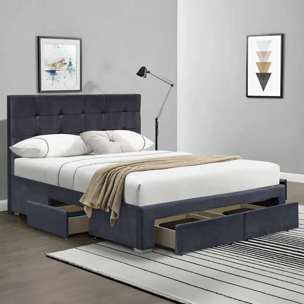 Brooklyn Double Bed Frame with Storage - Grey, Velvet