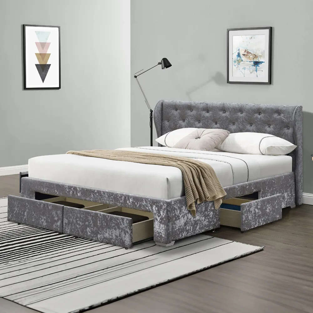 Brooklyn Double Bed Frame with Storage - Silver, Velvet