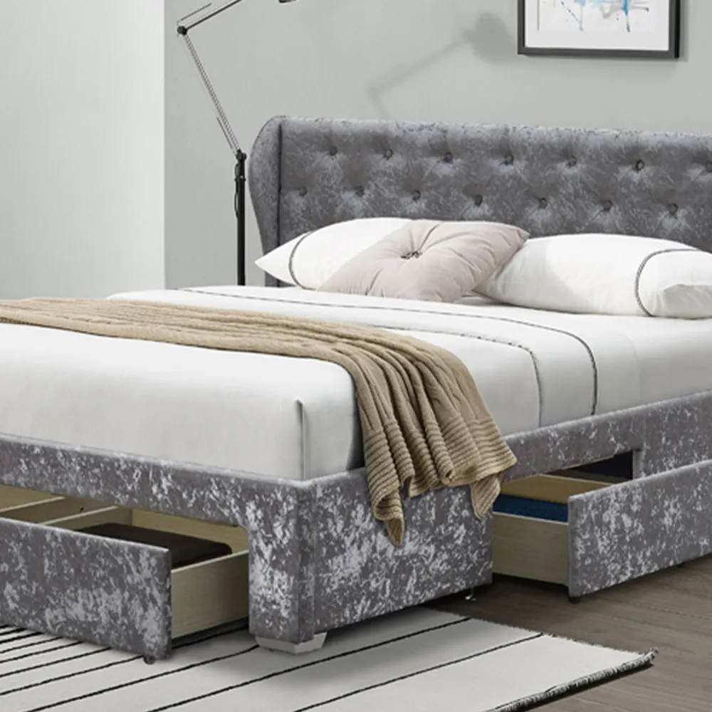 Brooklyn Double Bed Frame with Storage - Silver, Velvet