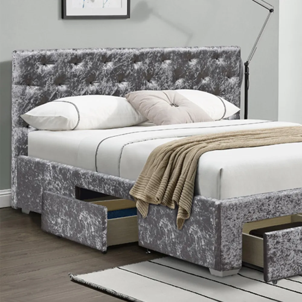 Brooklyn Double Bed Frame with Storage - Silver, Velvet
