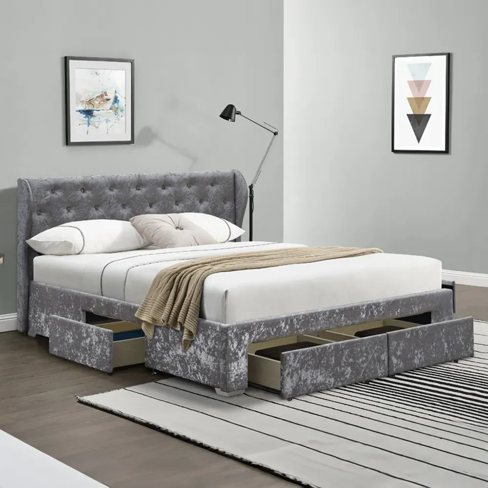Brooklyn Double Bed Frame with Storage - Silver, Velvet
