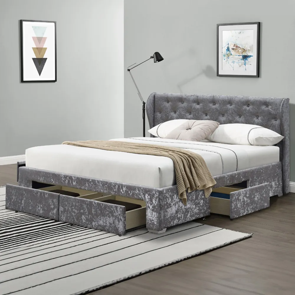Brooklyn Double Bed Frame with Storage - Silver, Velvet