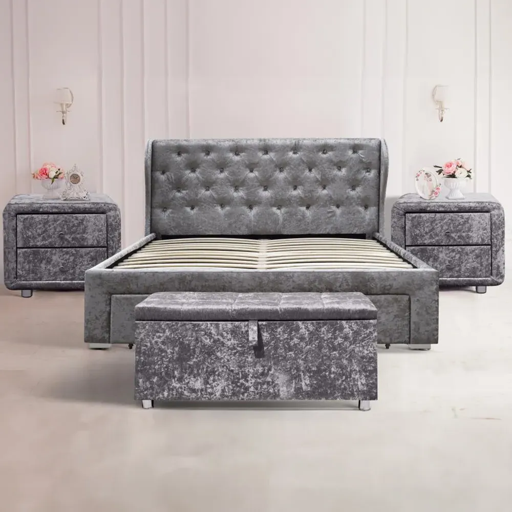 Brooklyn Double Bed Frame with Storage - Silver, Velvet