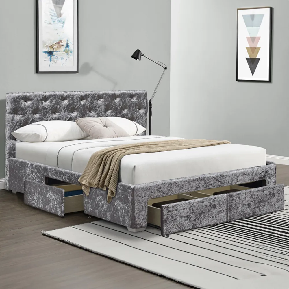 Brooklyn Double Bed Frame with Storage - Silver, Velvet
