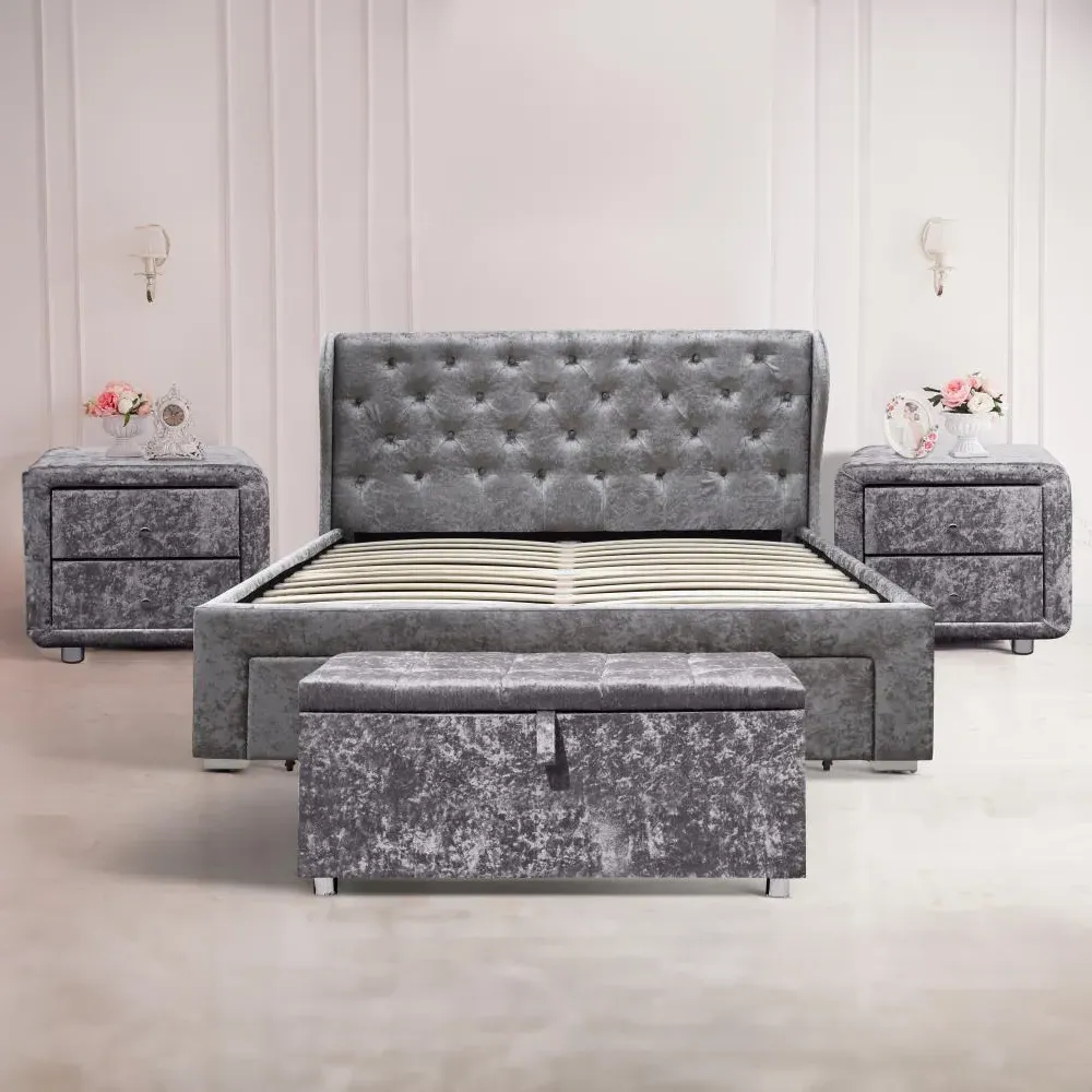 Brooklyn Double Bed Frame with Storage - Silver, Velvet