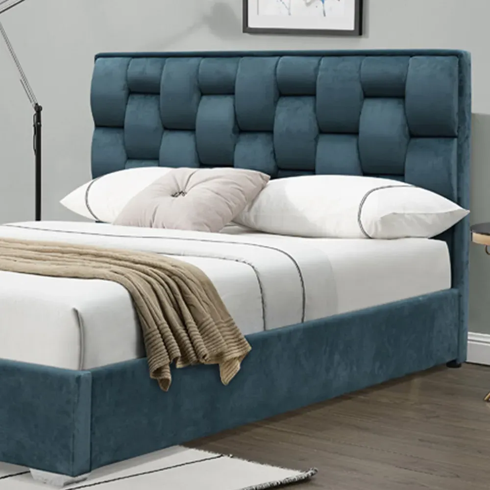 Brooklyn Double Bed Frame with Weaved Headboard - Blue, Velvet
