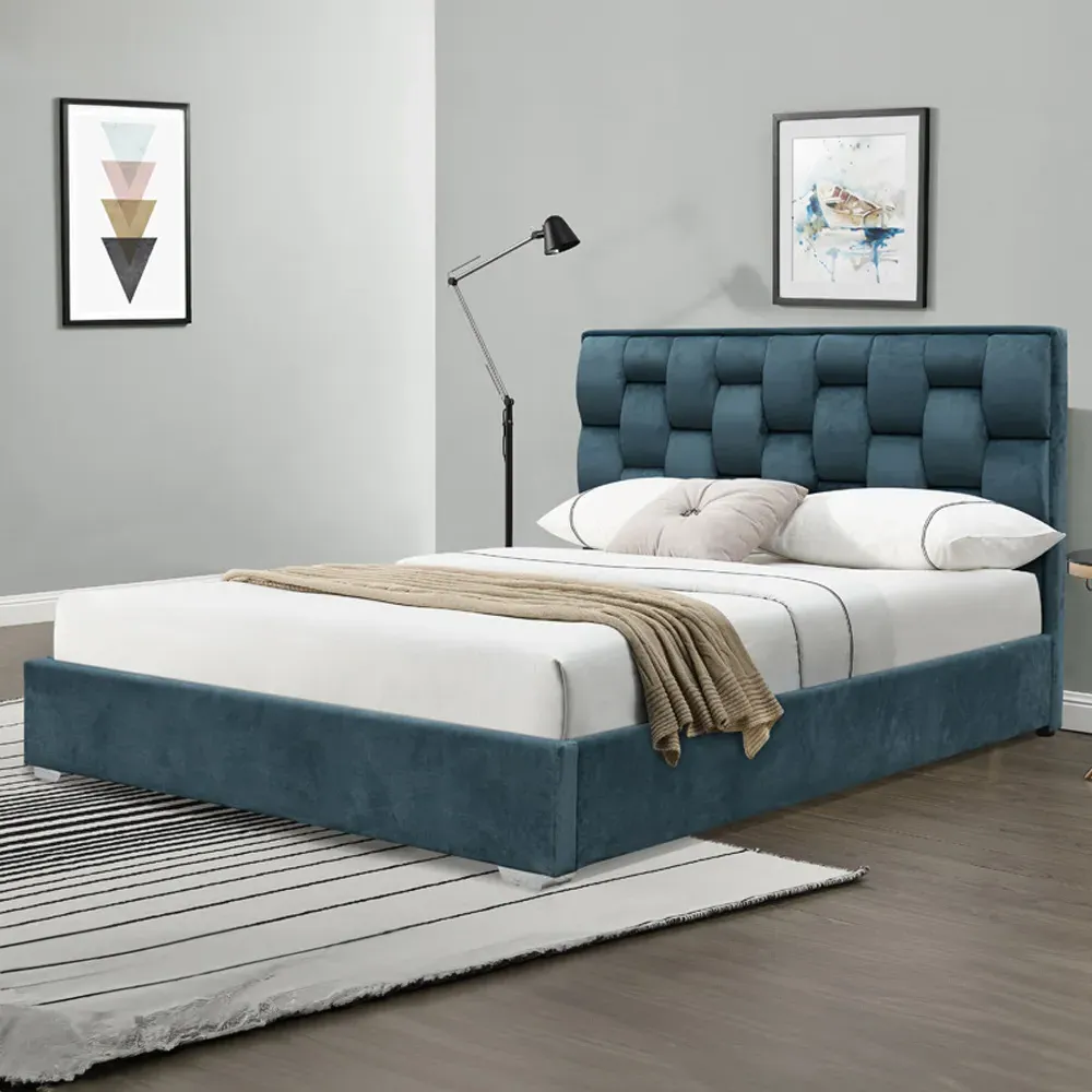 Brooklyn Double Bed Frame with Weaved Headboard - Blue, Velvet