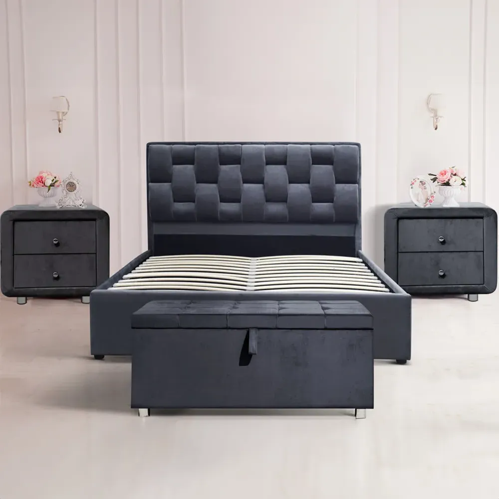 Brooklyn Double Bed Set with Storage - Grey, Velvet