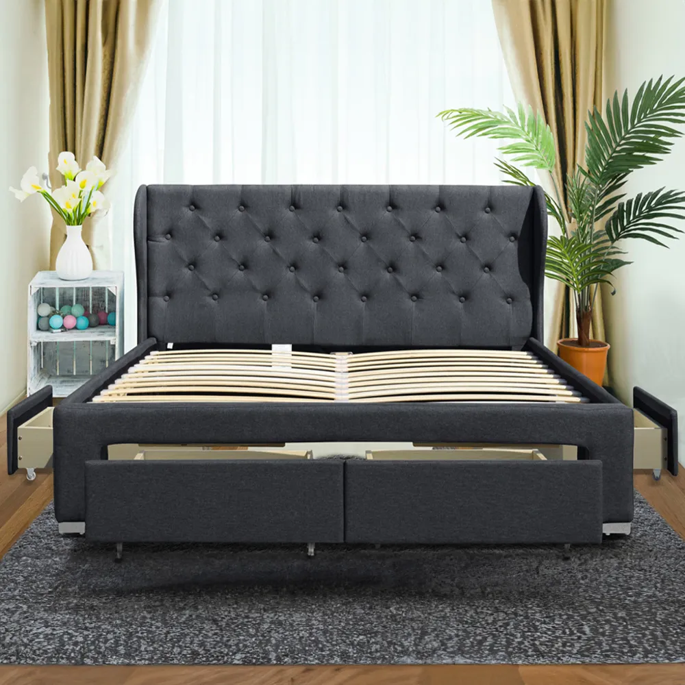 Brooklyn Double Bed Set with Winged Headboard - Grey, Linen