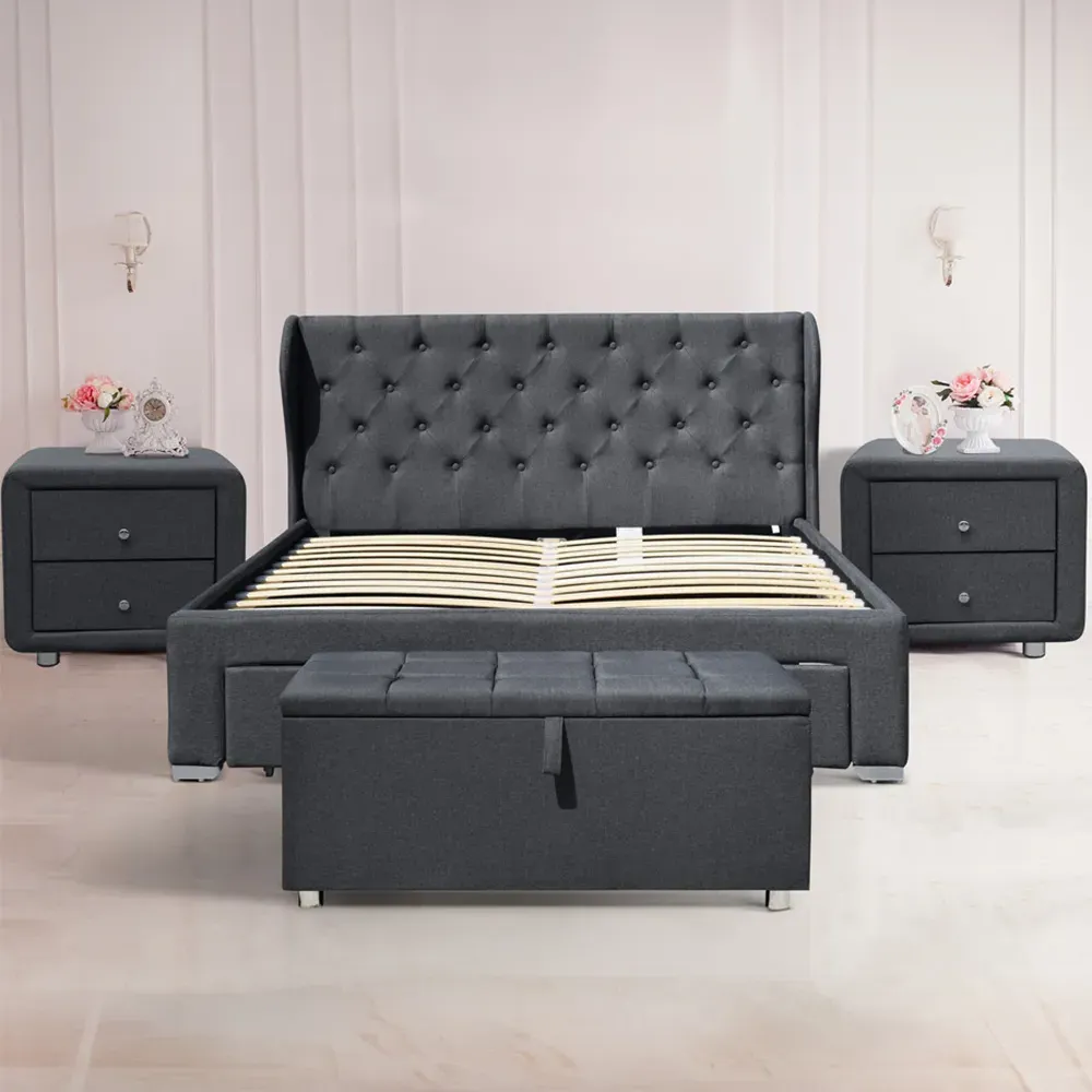 Brooklyn Double Bed Set with Winged Headboard - Grey, Linen