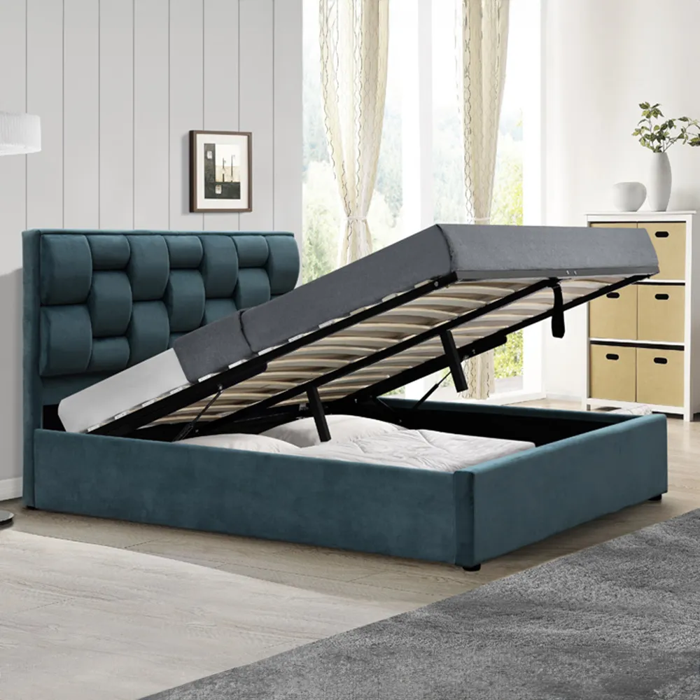 Brooklyn Double Bed with Storage - Blue, Velvet