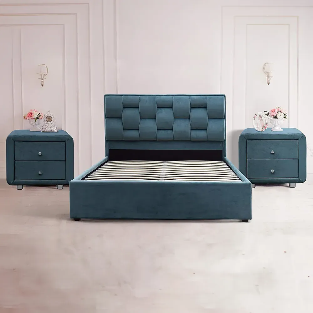 Brooklyn Double Bed with Storage - Blue, Velvet