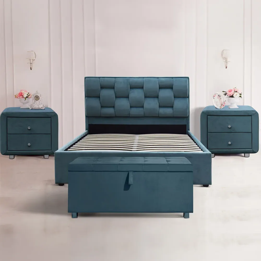 Brooklyn Double Bedroom Furniture Set - Blue, Velvet