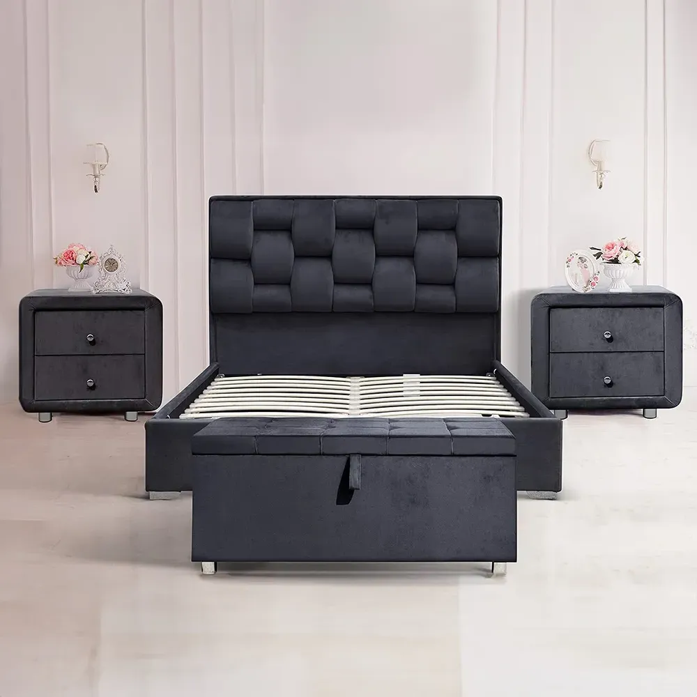 Brooklyn Double Bedroom Furniture Set - Grey, Velvet