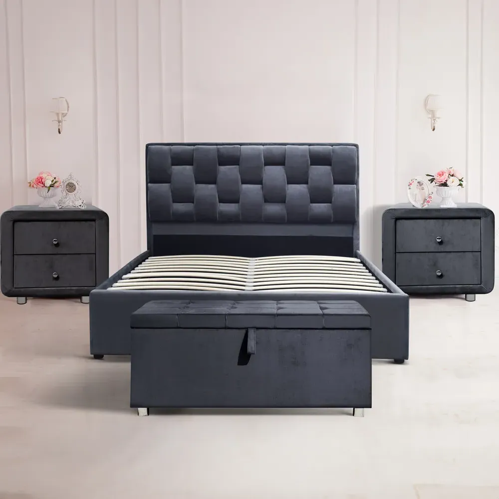 Brooklyn Double Bedroom Set with Storage - Grey, Velvet