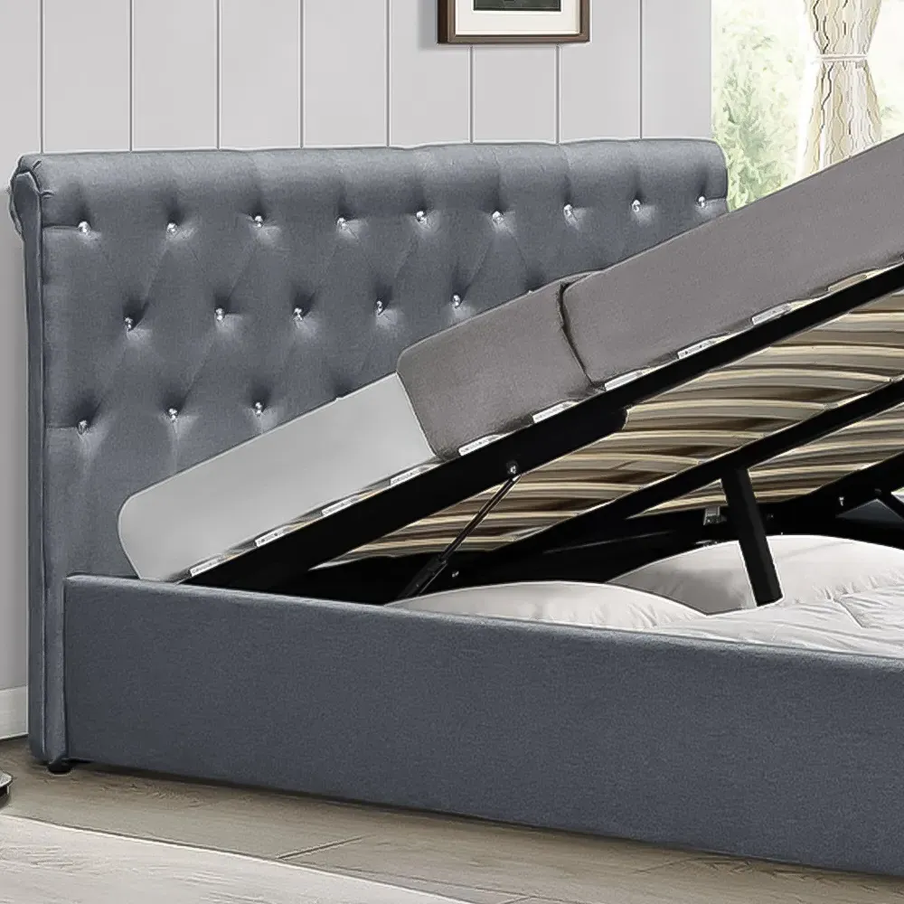 Brooklyn Double Chesterfield Ottoman Bed with Diamante - Grey, Linen