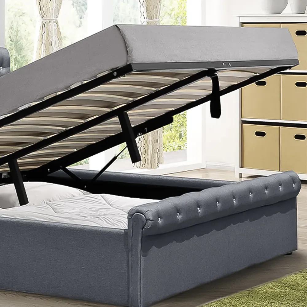 Brooklyn Double Chesterfield Ottoman Bed with Diamante - Grey, Linen