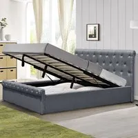 Brooklyn Double Chesterfield Ottoman Bed with Diamante - Grey, Linen