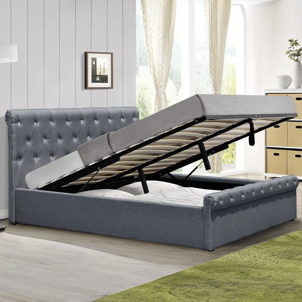 Brooklyn Double Chesterfield Ottoman Bed with Diamante - Grey, Linen