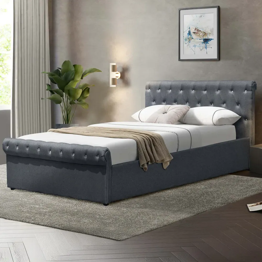 Brooklyn Double Chesterfield Sleigh Bed Frame - Grey, Linen