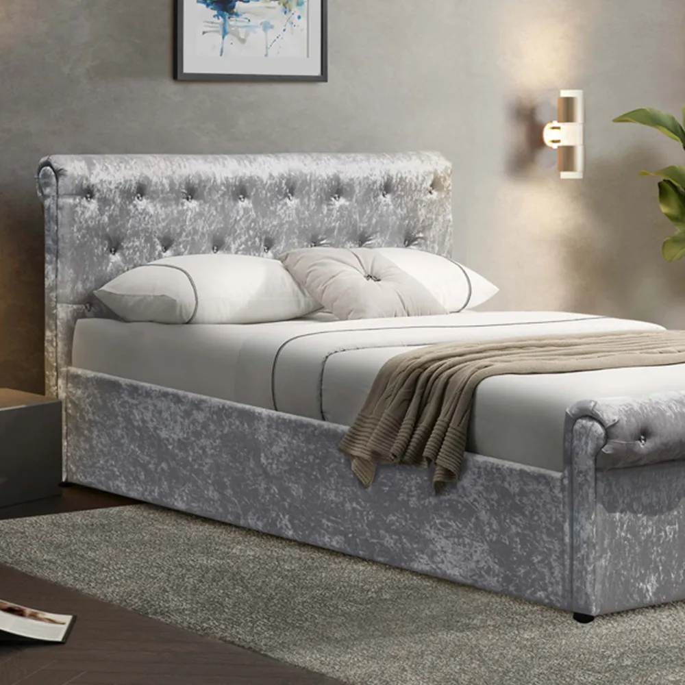 Brooklyn Double Chesterfield Sleigh Bed Frame - Silver, Velvet