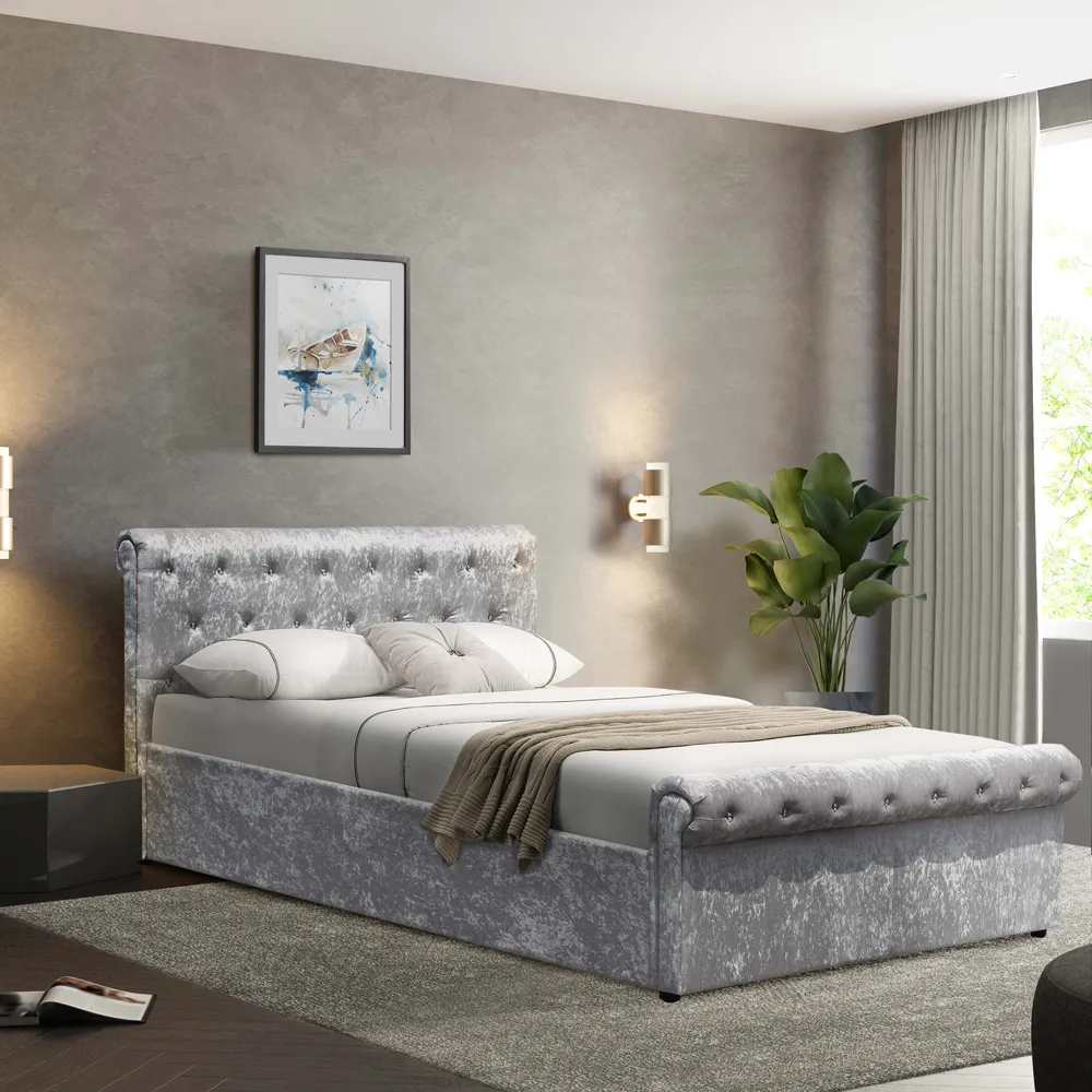 Brooklyn Double Chesterfield Sleigh Bed Frame - Silver, Velvet