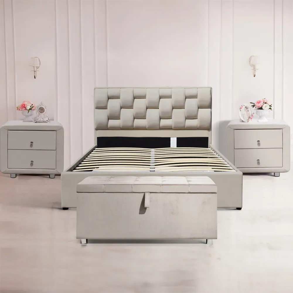 Brooklyn Double Ottoman Bed with Bedside Tables - Cream, Velvet