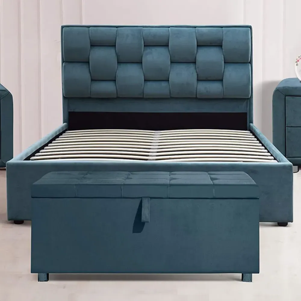 Brooklyn Double Ottoman Bed with Storage - Blue, Velvet
