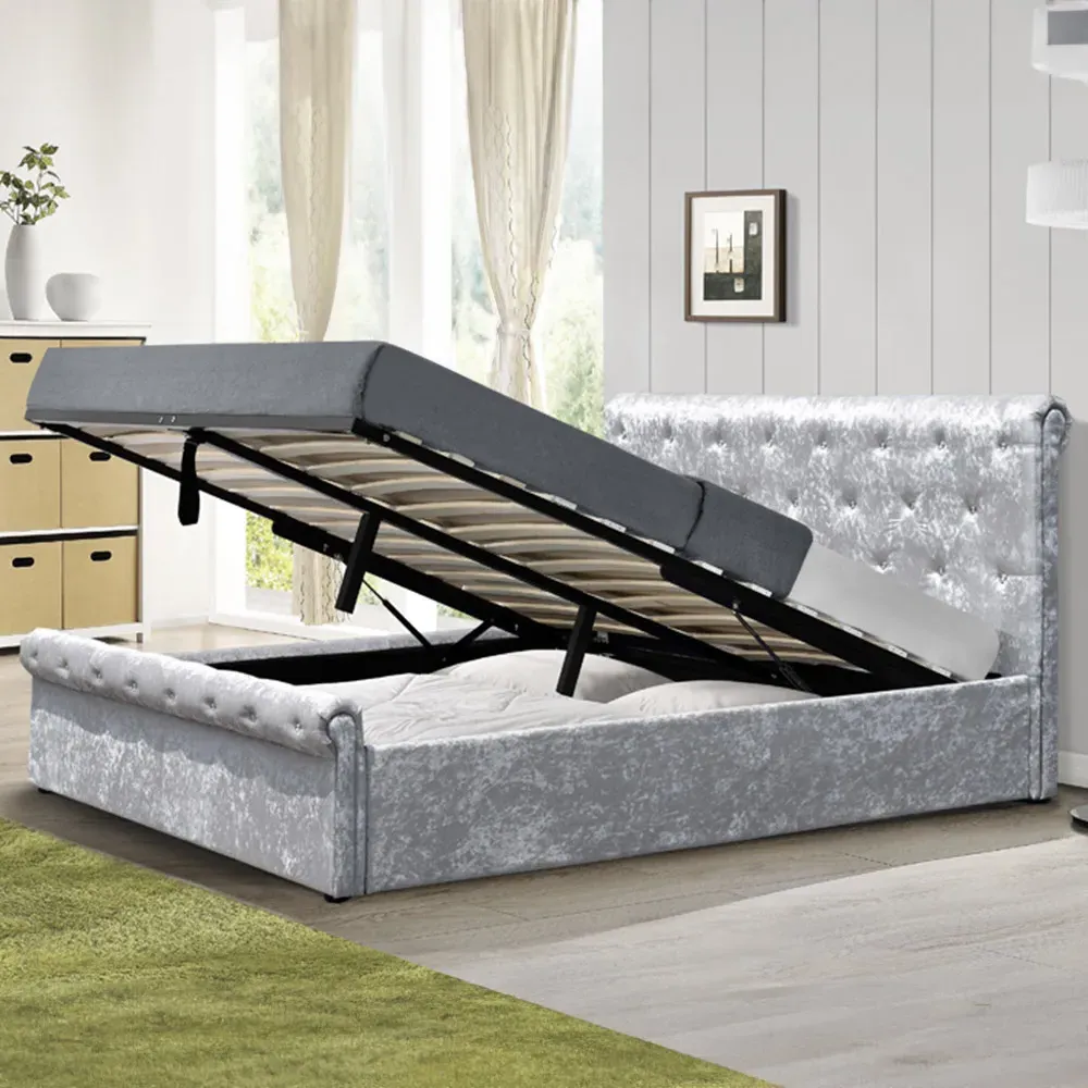 Brooklyn Double Ottoman Bed with Storage - Silver, Velvet