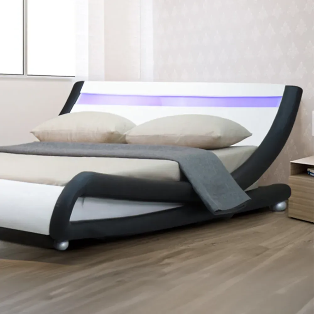 Brooklyn Double Size Bed Frame with LED - Black and White, Faux Leather