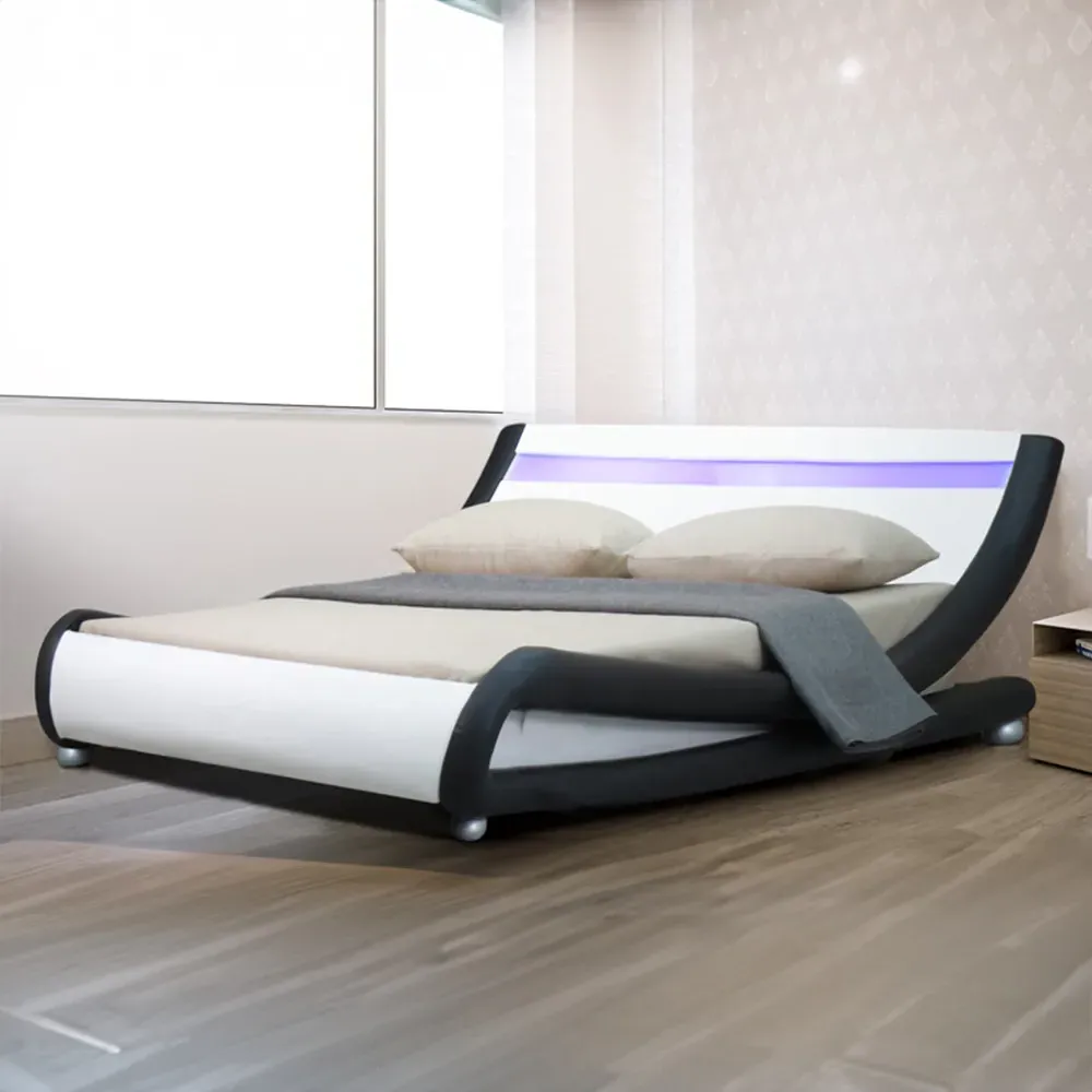 Brooklyn Double Size Bed Frame with LED - Black and White, Faux Leather