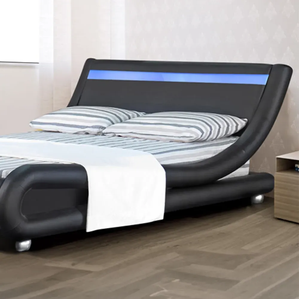 Brooklyn Double Size Bed Frame with LED - Black, Faux Leather