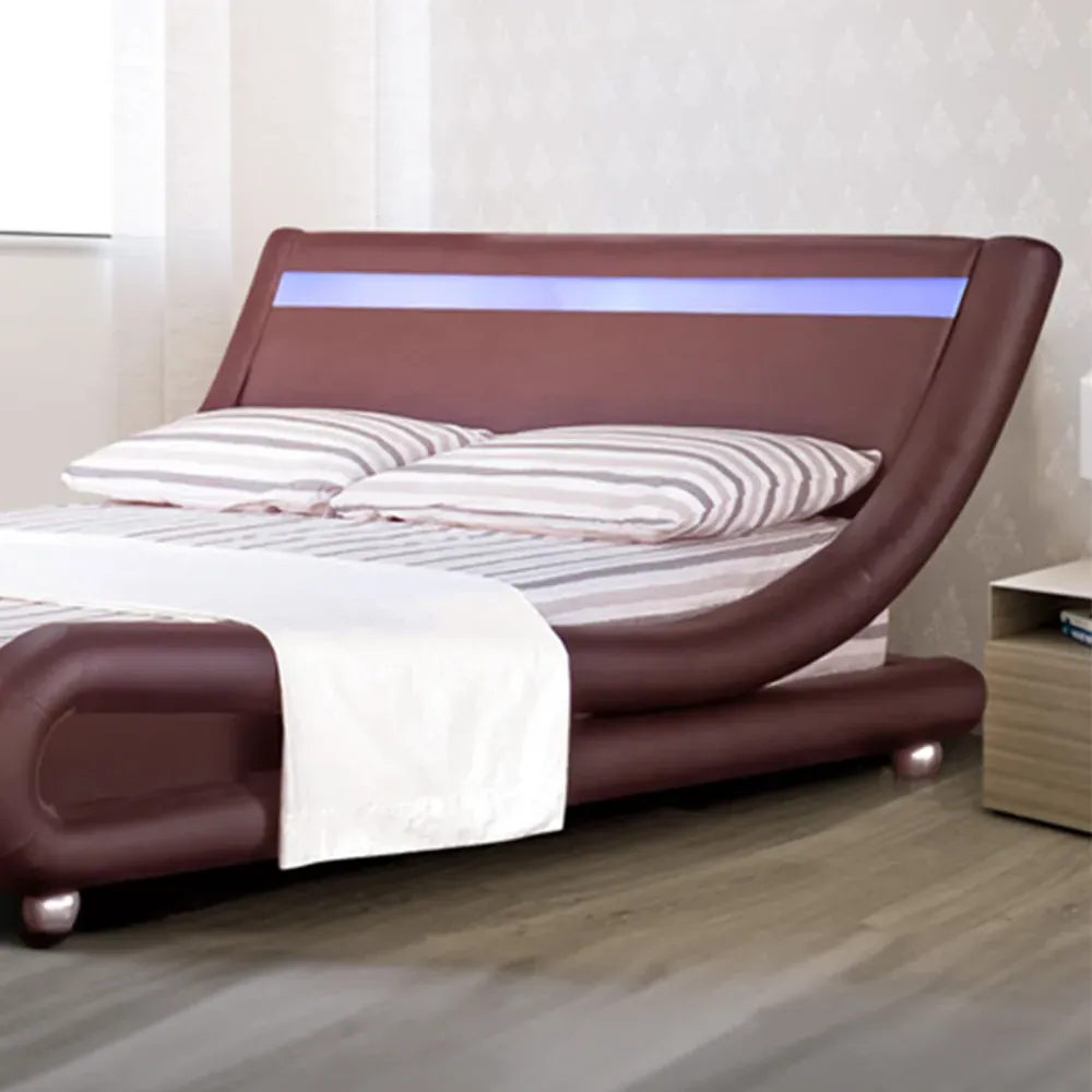 Brooklyn Double Size Bed Frame with LED - Brown, Faux Leather