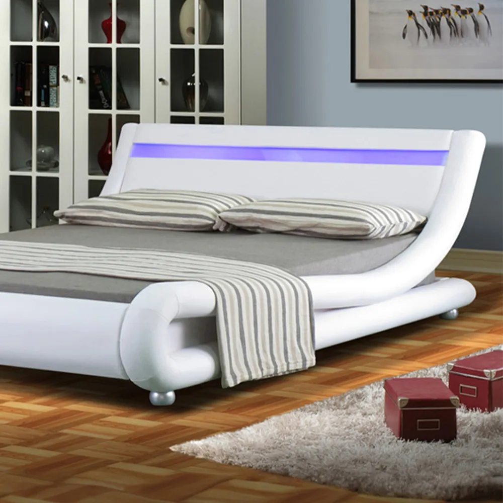 Brooklyn Double Size Bed Frame with LED - White, Faux Leather