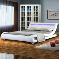Brooklyn Double Size Bed Frame with LED - White, Faux Leather
